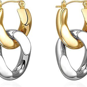 14k Gold Plated Chunky Earring Cuban Link Chain Circle Square Hoop Earrings